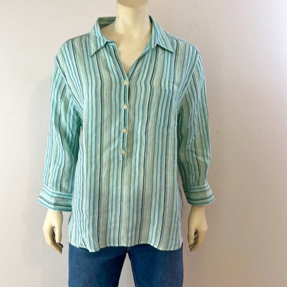 Eddie Bauer Womens XL Linen blue striped popover shirt